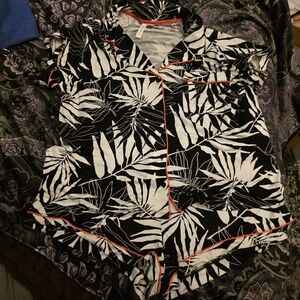 Women's Black & White Leaf Print Pajama Set with Coral Trim